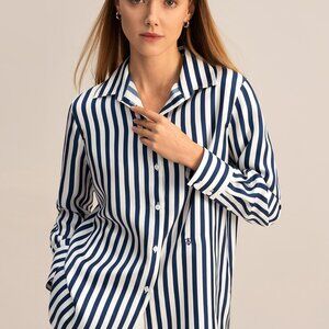 Lilysilk striped blue and white silk shirt XL NWT
